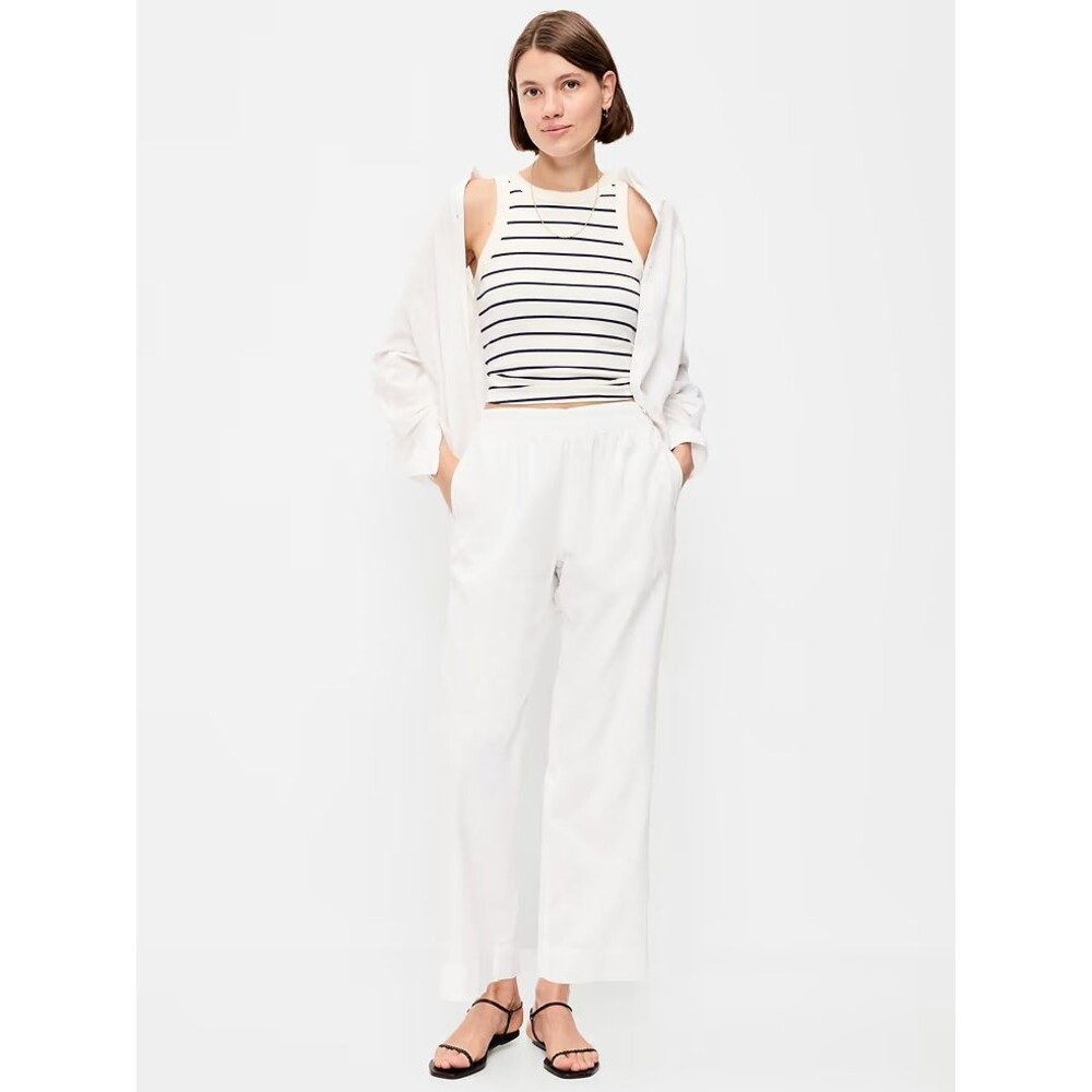 Old Navy Linen-Blend Straight Ankle Pants Women L Tall White Stripe Beach NEW